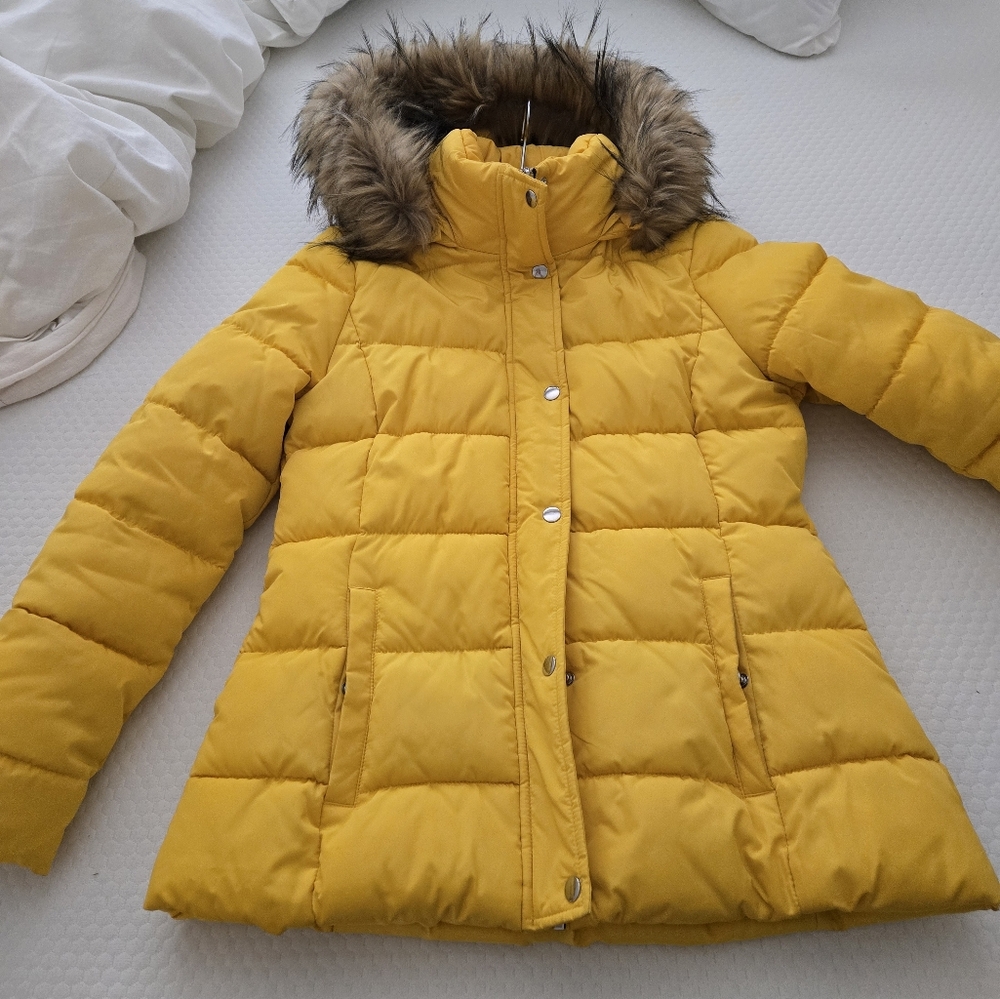 Tommy Hilfiger Yellow Puffer Jacket with Faux Fur Hood